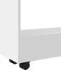 A close-up view of the bottom corner of a white storage unit with black wheels. Voir les images du produit