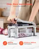 A person is using a vegetable chopper to chop onions. The chopper has a clear container to store the chopped vegetables. There are also some whole and halved onions visible in the foreground. Produktbild-Vorschau