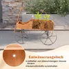 A wooden wagon planter with plants is shown on a patio, with a close-up of a drainage hole. Voir les images du produit