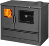 A dark gray wood-burning stove with a glass oven door and a visible fire in the firebox. Produktbild-Vorschau