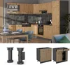A collage showing a modern kitchen setup and separate kitchen cabinet components and legs. Podgląd zdjęcia produktu