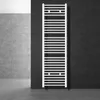 A white towel radiator is shown in a modern bathroom setting with dark tiled walls and a light tiled wall in the background. Produktbild-Vorschau