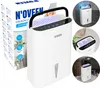 A collage of images showing a white dehumidifier, its packaging, and it in different settings. Náhľad obrázku produktu