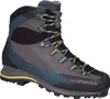 Bergschuh "Trango Trk Leather GTX" von La Sportiva in Grau mit blauen und gelben Schnürsenkeln. Podgląd zdjęcia produktu