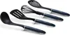 A set of four kitchen utensils with dark blue handles and silver accents, arranged diagonally against a white background. Podgląd zdjęcia produktu