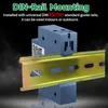 A close-up of a blue DIN rail mount device attached to a yellow DIN rail. Produktbild-Vorschau
