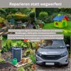 A collage of garden scenes, a car, and text about repairing items instead of throwing them away. Produktbild-Vorschau