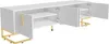 A white TV stand with gold legs and gold handles, shown with its doors open. Produktbild-Vorschau