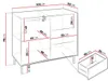 A diagram showing the dimensions of a dresser with drawers and a cabinet. Voir les images du produit