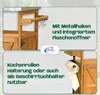 A split image showing details of a wooden serving cart, with text highlighting its features. Produktbild-Vorschau