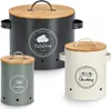 Three metal storage containers for vegetables with bamboo lids, arranged in a group. Produktbild-Vorschau