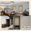 Collage showing bamboo blinds in a bedroom and a hallway, with text indicating they are for windows and doors. Voir les images du produit