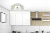 A modern kitchen with white cabinets, a stainless steel range hood, and a white ceiling light fixture with three adjustable glass globe shades. Podgląd zdjęcia produktu