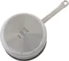 The bottom of a stainless steel saucepan with a handle is shown against a white background. Produktbild-Vorschau