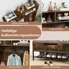 A collage of images showcasing a rustic-style coat rack and shoe storage unit with various storage options. Podgląd zdjęcia produktu