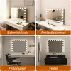 Collage of four images showing makeup mirrors in different settings: a dressing table, a walk-in closet, a hair salon, and a hotel bathroom. Produktbild-Vorschau
