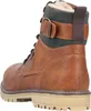 A side view of a brown leather boot with a gray fabric collar and a buckle strap. Produktbild-Vorschau