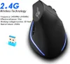 A black wireless vertical mouse with blue LED accents, shown next to its USB receiver. Text describes its technical specifications. Produktbild-Vorschau