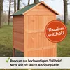 A wooden chicken coop with a green roof, set in a grassy outdoor area with trees in the background. Produktbild-Vorschau