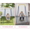 A split image showing a baby swing set used outdoors on grass and indoors on carpet, with text labels indicating each use. Produktbild-Vorschau