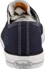 The back view of a navy blue canvas sneaker with white stitching and a white sole. Produktbild-Vorschau