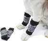A dog wearing leg warmers on its front legs, with a pair of leg warmers lying on the ground next to it. Produktbild-Vorschau