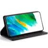 A black flip case for a smartphone is shown with the phone's screen displaying a colorful abstract image. Produktbild-Vorschau