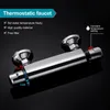 A thermostatic faucet is shown against a black background with text overlays describing its features. Produktbild-Vorschau