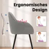 A grey armchair with black legs, shown with graphics illustrating ergonomic design and proper posture. Produktbild-Vorschau