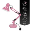 A pink desk lamp with adjustable arms and a round base, shown on a white background with a black sidebar containing product feature icons and text. Anteprima dell’immagine prodotto