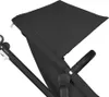 A close-up view of a black stroller canopy and handle. Voir les images du produit
