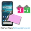 A smartphone screen protector kit with cleaning wipes and a microfiber cloth. Produktbild-Vorschau