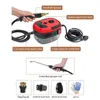 A steam cleaner with various attachments and accessories, with labels pointing out its features. Produktbild-Vorschau