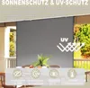 A grey vertical awning is shown on a balcony or patio, with text overlays describing its features. Produktbild-Vorschau