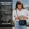 A woman is shown putting something into her purse, with marketing text on the left side of the image. Produktbild-Vorschau