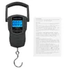 A black digital portable scale with a hook is shown, with its instruction manual next to it. Produktbild-Vorschau