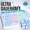 A white gaming keyboard with RGB lighting is shown, with text overlays highlighting its durability and water resistance. Produktbild-Vorschau