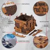 A collage of images showing a wooden 3D puzzle box, its components, and instructions. Produktbild-Vorschau