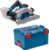 A cordless circular saw and its storage case are shown against a white background. Produktbild-Vorschau