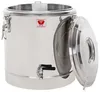 A stainless steel food warmer with its lid open, showing a tap at the bottom. Produktbild-Vorschau