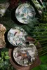 Three decorative plates with jungle-themed designs are arranged on a dark green surface surrounded by lush green foliage and natural elements like rocks and bark. Produktbild-Vorschau