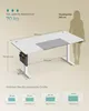 A diagram illustrating the dimensions and size options of a height-adjustable desk, with a silhouette of a person for scale. Produktbild-Vorschau