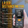 A hand holds a laser distance meter with text and feature callouts in the background. Podgląd zdjęcia produktu