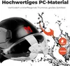 A close-up marketing image of a black safety helmet with a clear visor, featuring water splash effects and certification icons. Náhľad obrázku produktu