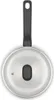 A top-down view of a stainless steel frying pan with a black handle and a glass lid. Produktbild-Vorschau