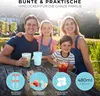 A family is sitting at a table outdoors, with drinks in colorful cups. Produktbild-Vorschau