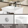 A collage of images showing a white bathroom vanity with a ceramic sink and faucet, along with close-ups of its features and text descriptions. Produktbild-Vorschau