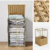 A tall, narrow laundry basket filled with folded linens, shown from the front. A close-up of the woven texture and a separate image of the basket's frame are also included. Podgląd zdjęcia produktu