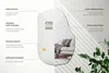 A diagram illustrating the features of a mirror, with a reflection of a living room scene. Produktbild-Vorschau