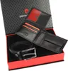 A gift set containing a black leather wallet and belt, presented in a black and red box with the Pierre Cardin logo. Voir les images du produit